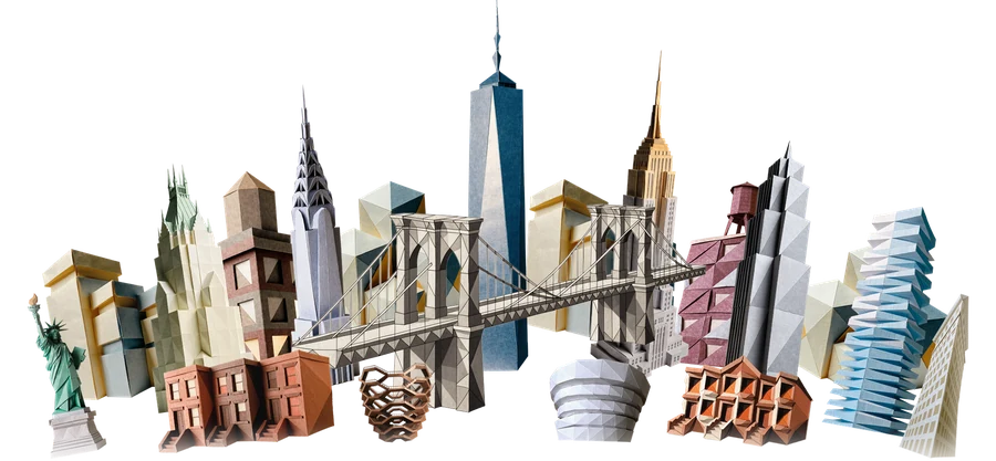 A curved paper skyline of New York: the Statue of Liberty, the Woolworth Building, the Chrysler Building, One World Trade Center, the Empire State Building, 30 Rockefeller Plaza, 56 Leonard and the Flatiron Building, with brownstones, water towers, the Vessel, the Guggenheim and the Brooklyn Bridge in front